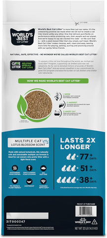 WORLD'S BEST CAT LITTER Multiple Cat Lotus Blossom Scented 32-Pounds - Natural Ingredients, Quick Clumping, Flushable, 99% Dust Free & Made in USA - Floral Fragrance & Long-Lasting Odor Control